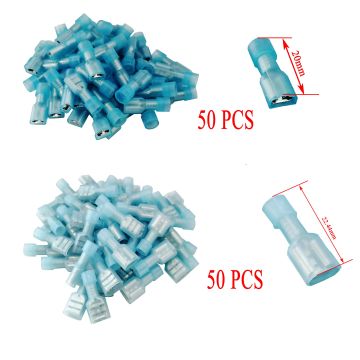 Blue Nylon Disconnect Terminal 16-14 Ga Fully-Insulated Crimp Connector (100 pcs) Positive and Negative 